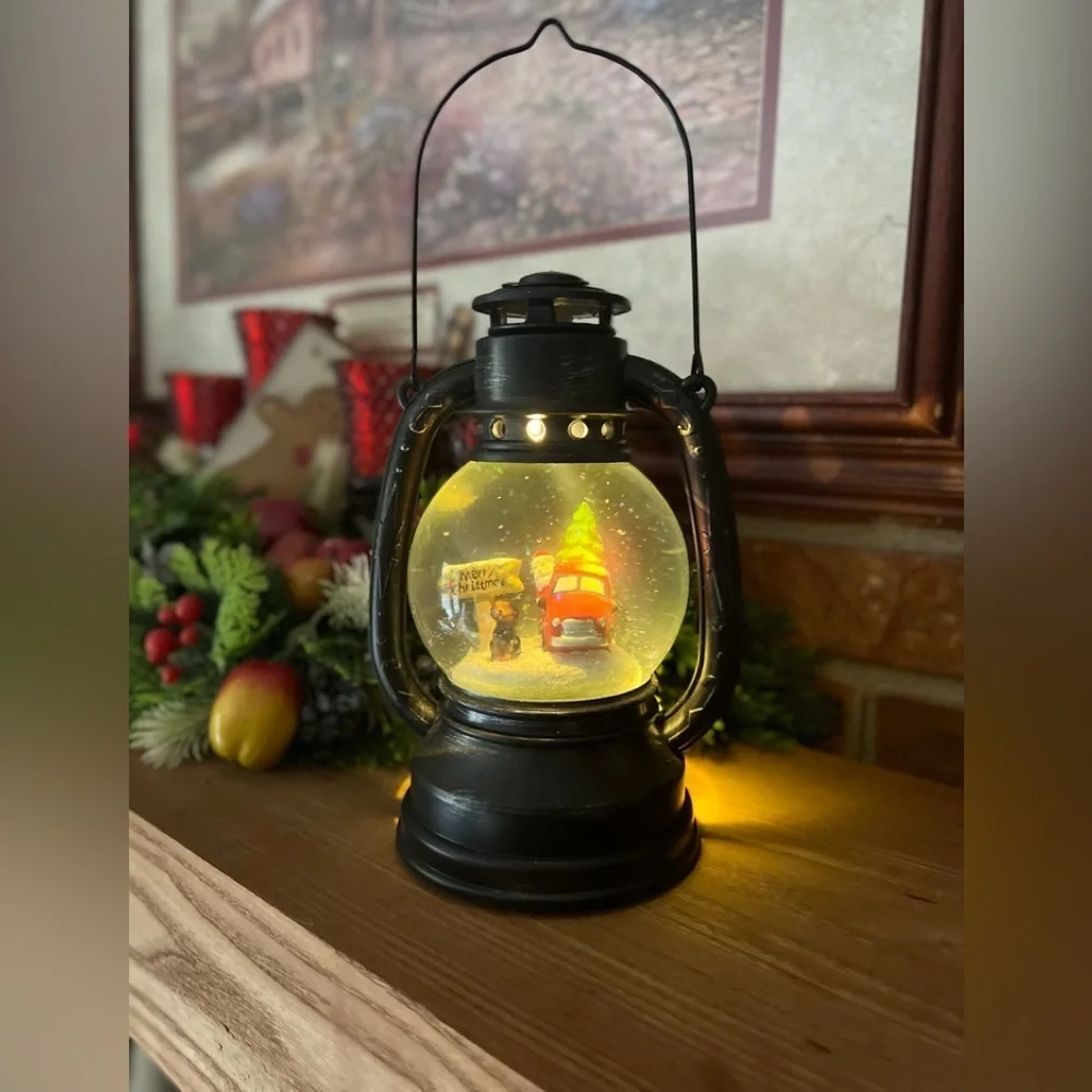 Vintage Merry Christmas Red Truck Snow Globe Lantern